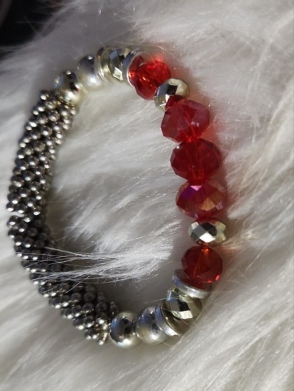 Red Crystal & Silver Bead Stretch Bracelet